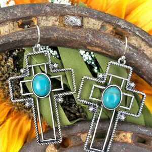 Western Turquoise Earrings Womens Open Cross Casual Dangle Boho Accessory New